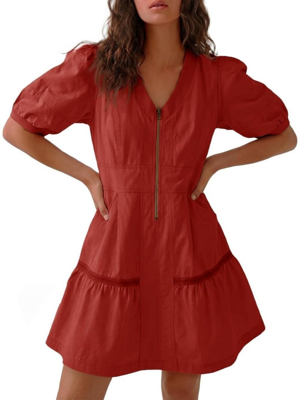 Women's Red Stylish V Neck Loose Mesh Back with Short Sleeve Half Zip Mini Dress